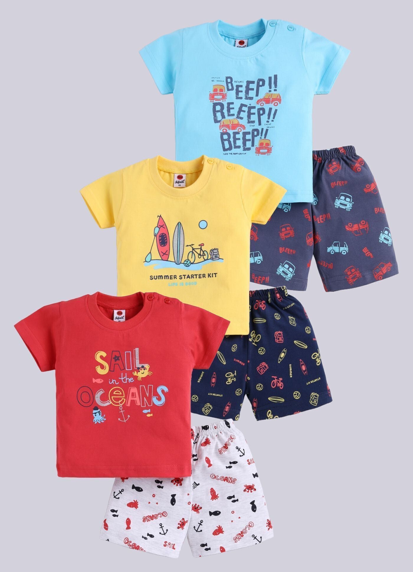 Mars Infiniti Baby Boys Casual T-shirt Shorts (Sky Blue, Red, Yellow)