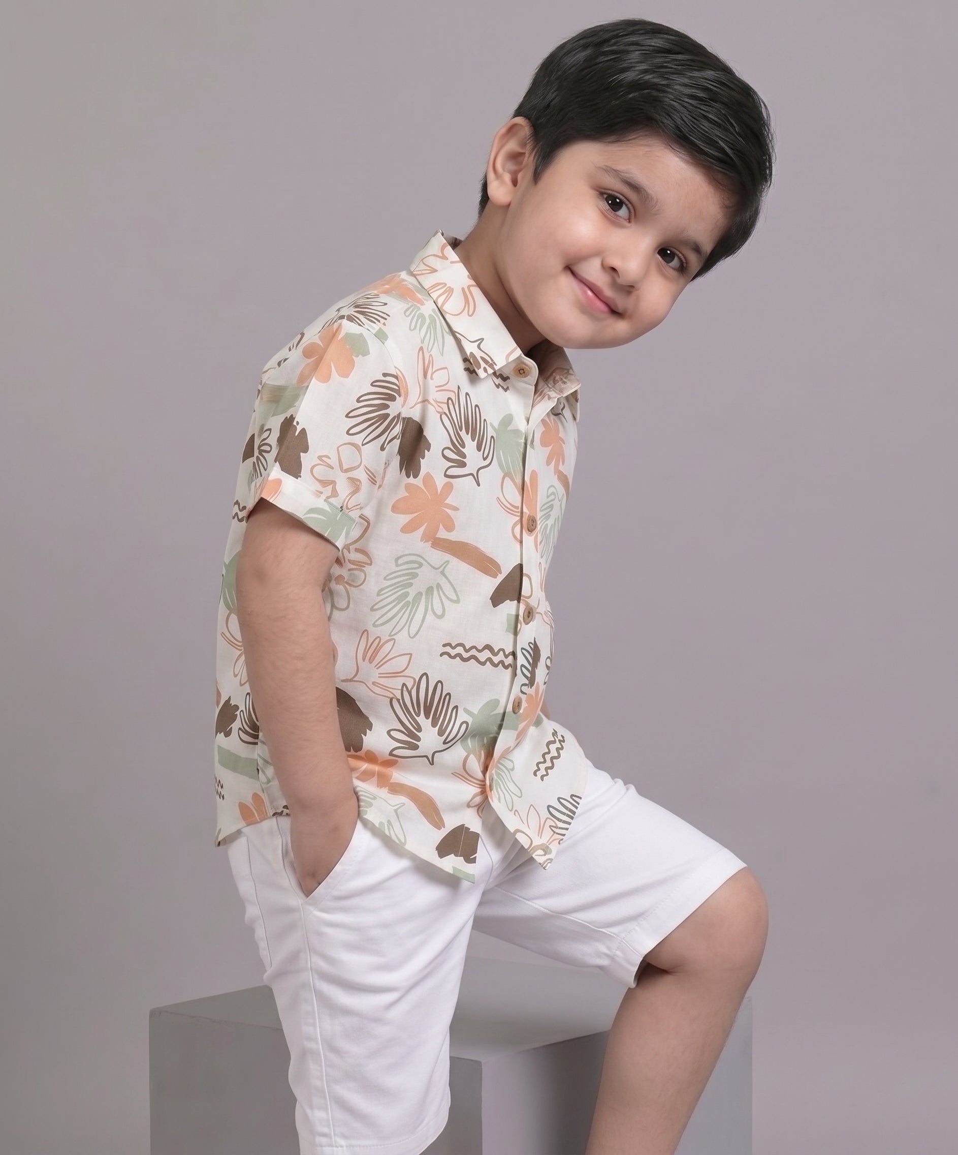 Mars Infiniti Boys All Over Printed Half Sleeves Shirt|Summerwear|Off White, Brown|Pure Cotton|Spread Collar