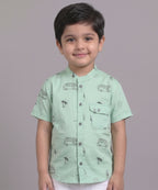 Mars Infiniti Boys All Over Printed Half Sleeves Shirt|Summerwear|Green|Pure Cotton|Mandarin Collar