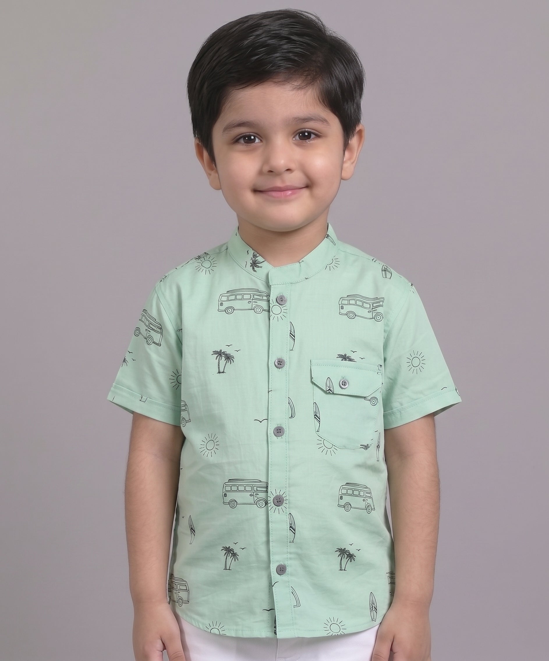 Mars Infiniti Boys All Over Printed Half Sleeves Shirt|Summerwear|Green|Pure Cotton|Mandarin Collar