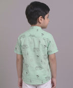 Mars Infiniti Boys All Over Printed Half Sleeves Shirt|Summerwear|Green|Pure Cotton|Mandarin Collar