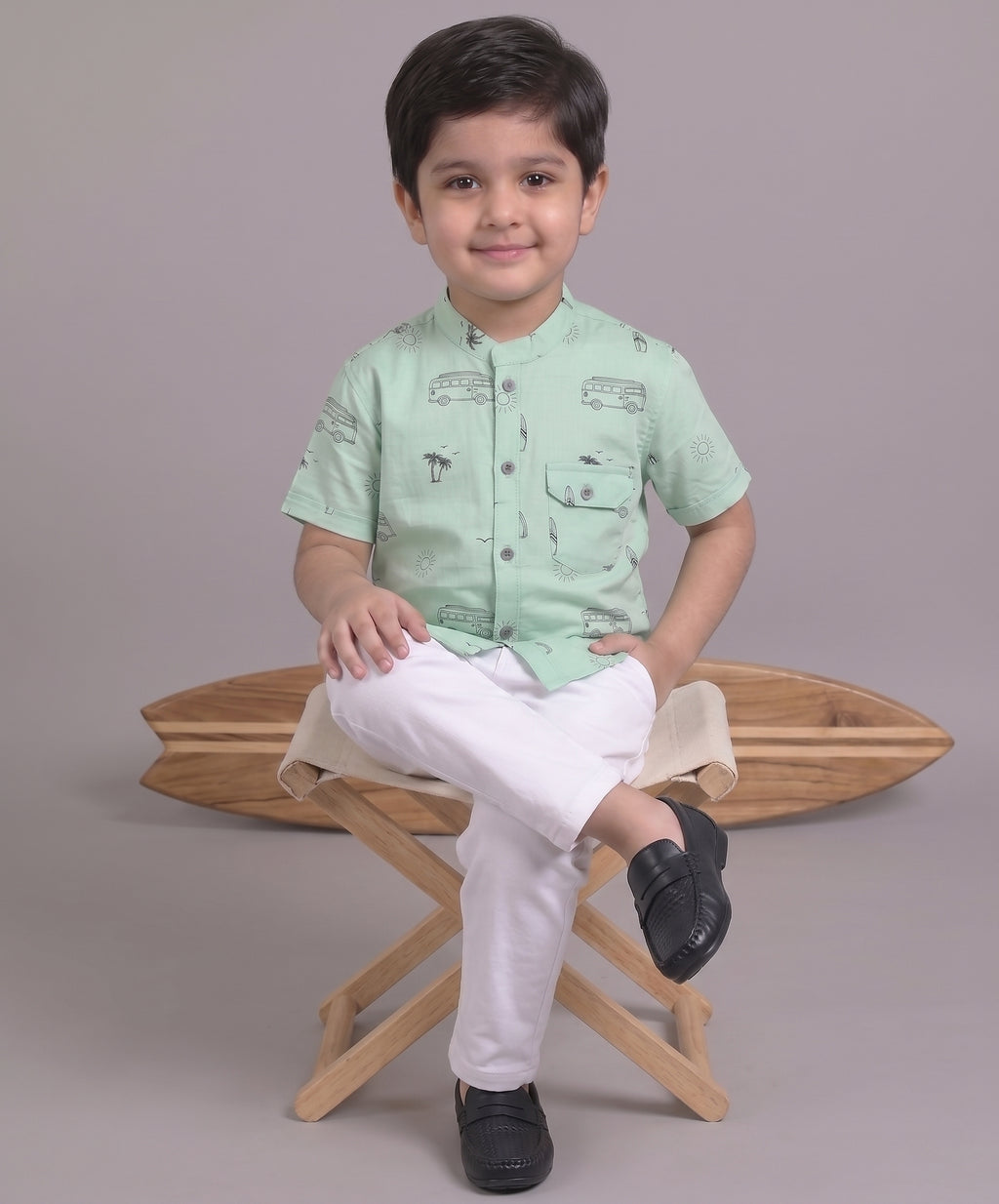 Mars Infiniti Boys All Over Printed Half Sleeves Shirt|Summerwear|Green|Pure Cotton|Mandarin Collar