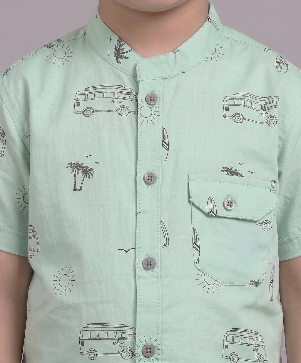 Mars Infiniti Boys All Over Printed Half Sleeves Shirt|Summerwear|Green|Pure Cotton|Mandarin Collar
