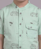 Mars Infiniti Boys All Over Printed Half Sleeves Shirt|Summerwear|Green|Pure Cotton|Mandarin Collar