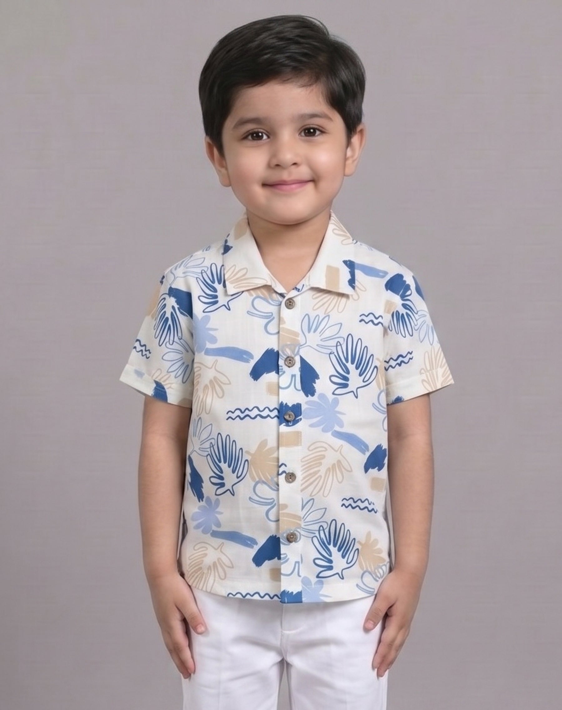 Mars Infiniti Boys All Over Printed Half Sleeves Shirt|Summerwear|Off White, Blue|Pure Cotton|Spread Collar