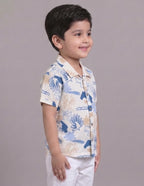 Mars Infiniti Boys All Over Printed Half Sleeves Shirt|Summerwear|Off White, Blue|Pure Cotton|Spread Collar