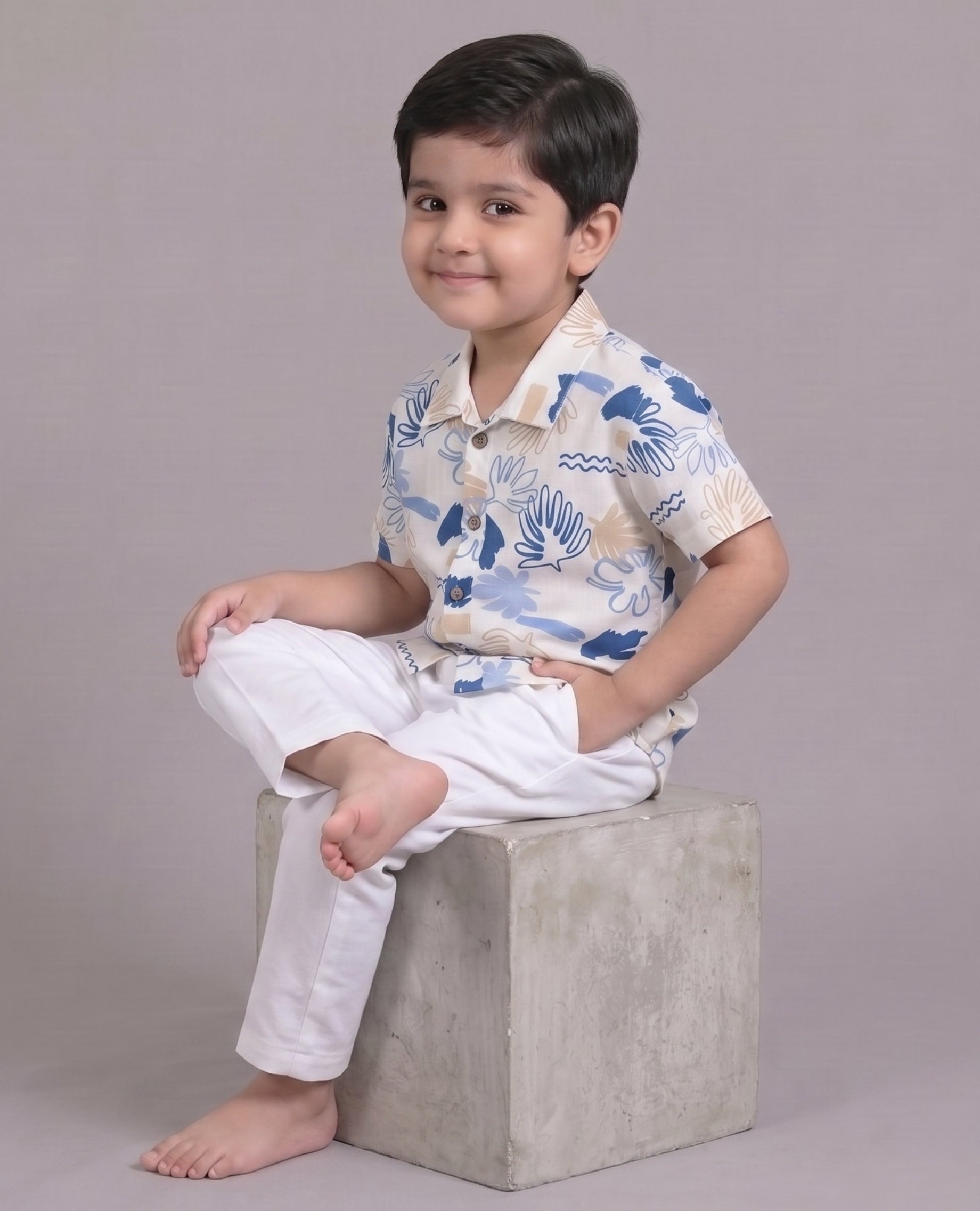 Mars Infiniti Boys All Over Printed Half Sleeves Shirt|Summerwear|Off White, Blue|Pure Cotton|Spread Collar