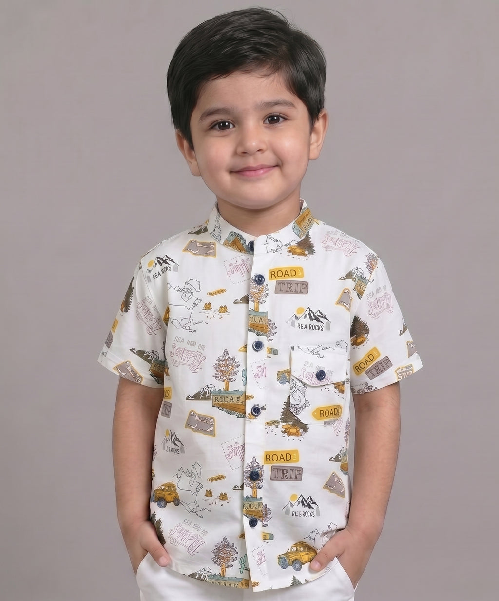 Mars Infiniti Boys All Over Printed Half Sleeves Shirt|Summerwear|White|Pure Cotton|Mandarin Collar