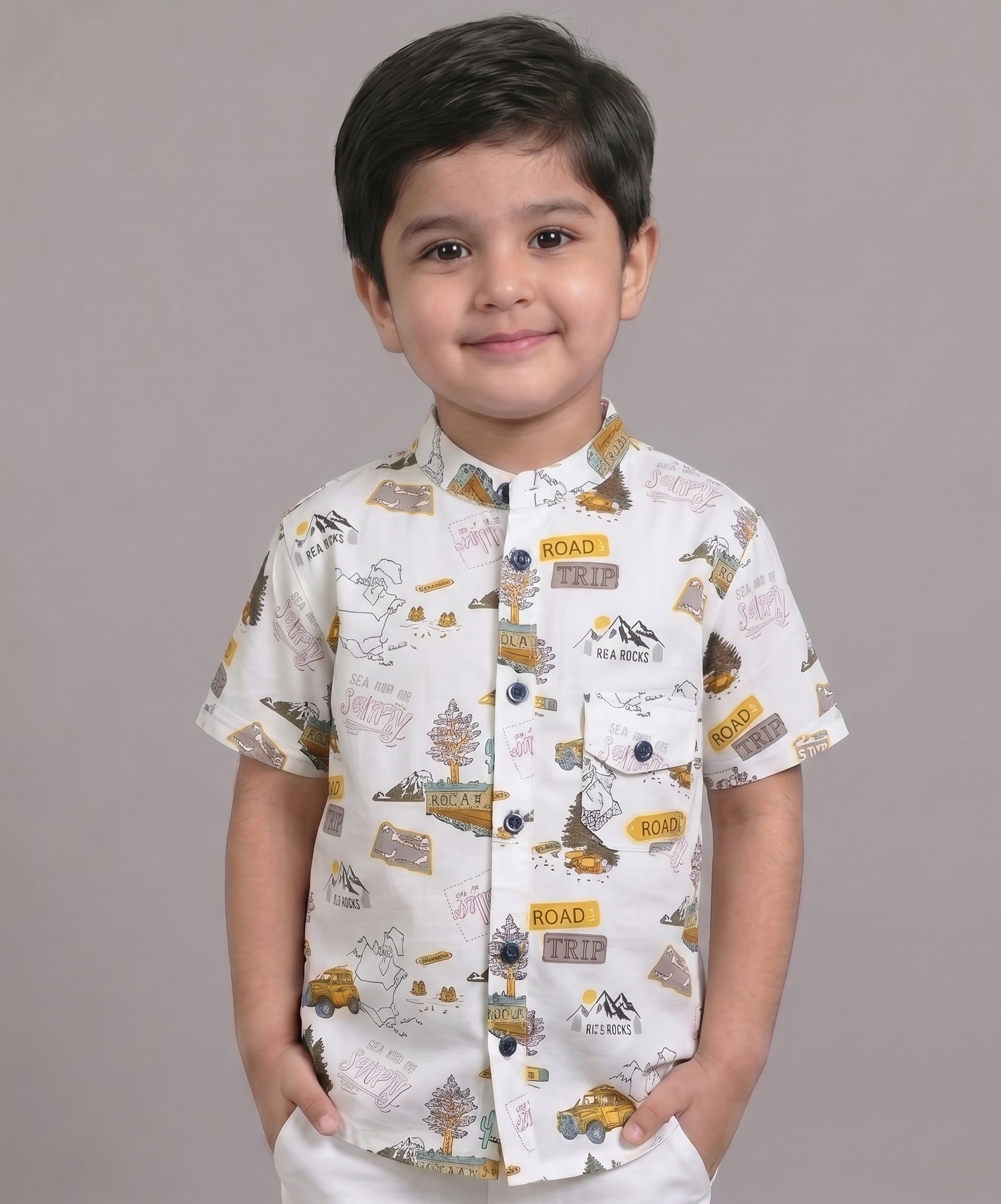 Mars Infiniti Boys All Over Printed Half Sleeves Shirt|Summerwear|White|Pure Cotton|Mandarin Collar