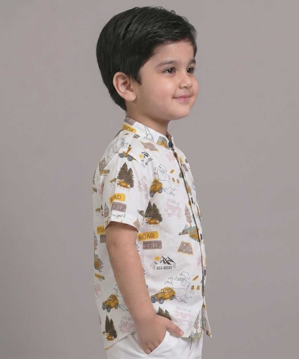 Mars Infiniti Boys All Over Printed Half Sleeves Shirt|Summerwear|White|Pure Cotton|Mandarin Collar