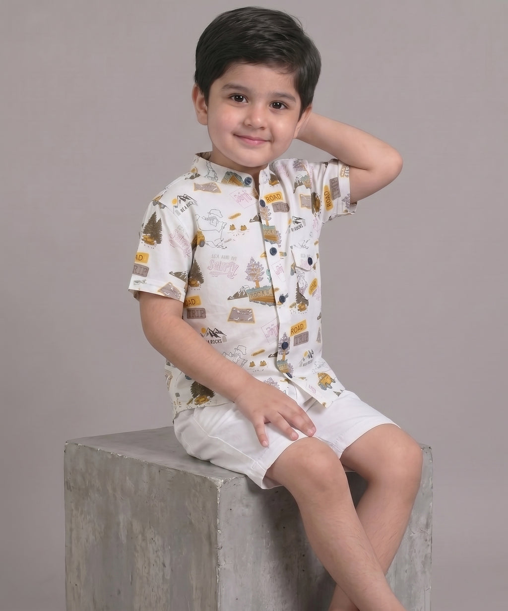 Mars Infiniti Boys All Over Printed Half Sleeves Shirt|Summerwear|White|Pure Cotton|Mandarin Collar