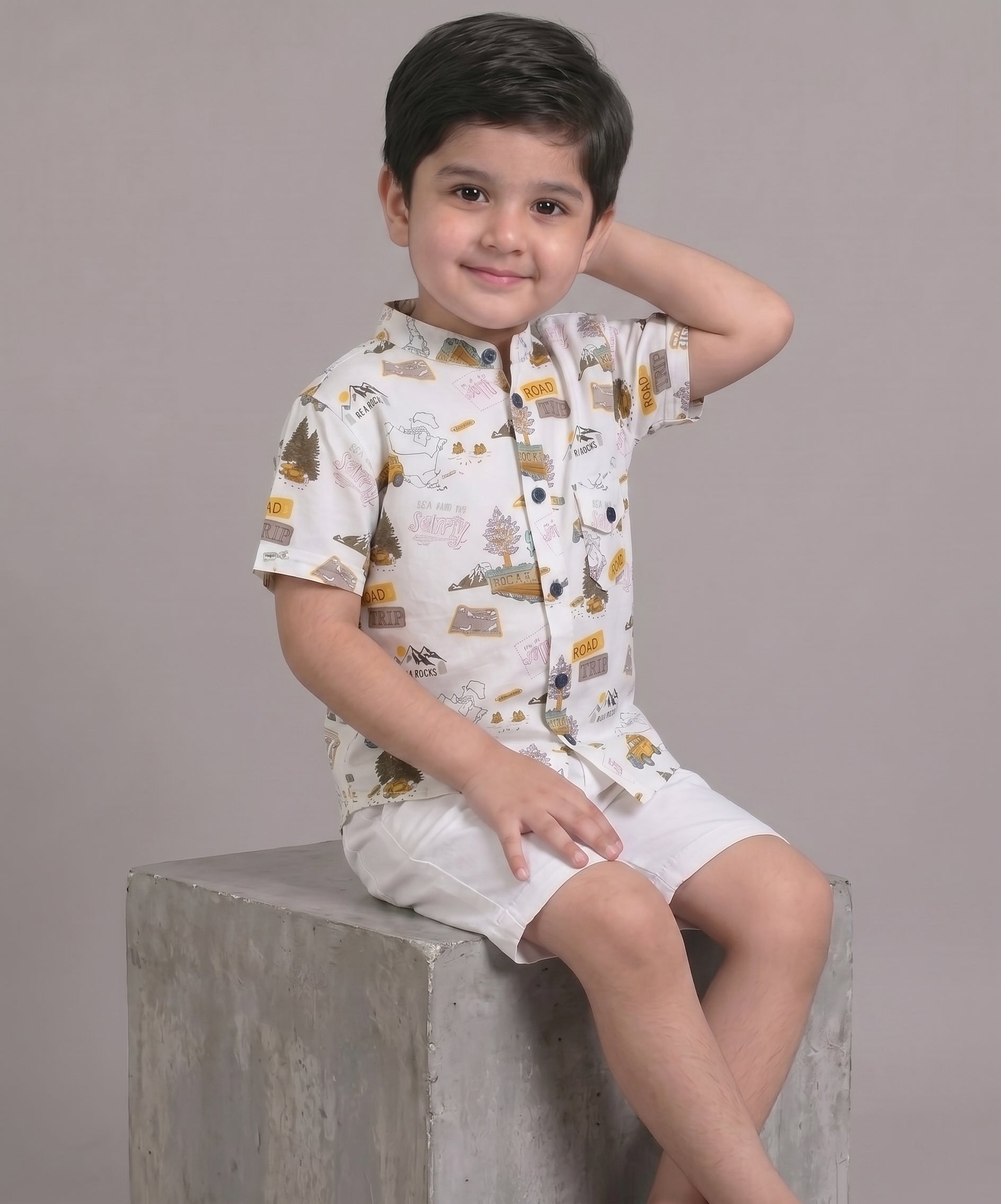 Mars Infiniti Boys All Over Printed Half Sleeves Shirt|Summerwear|White|Pure Cotton|Mandarin Collar