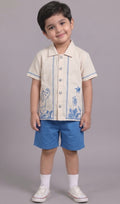 Mars Infiniti Boys Embroided Half Sleeves Shirt and Half Pant Set|Summerwear|Beige, Blue|Linen