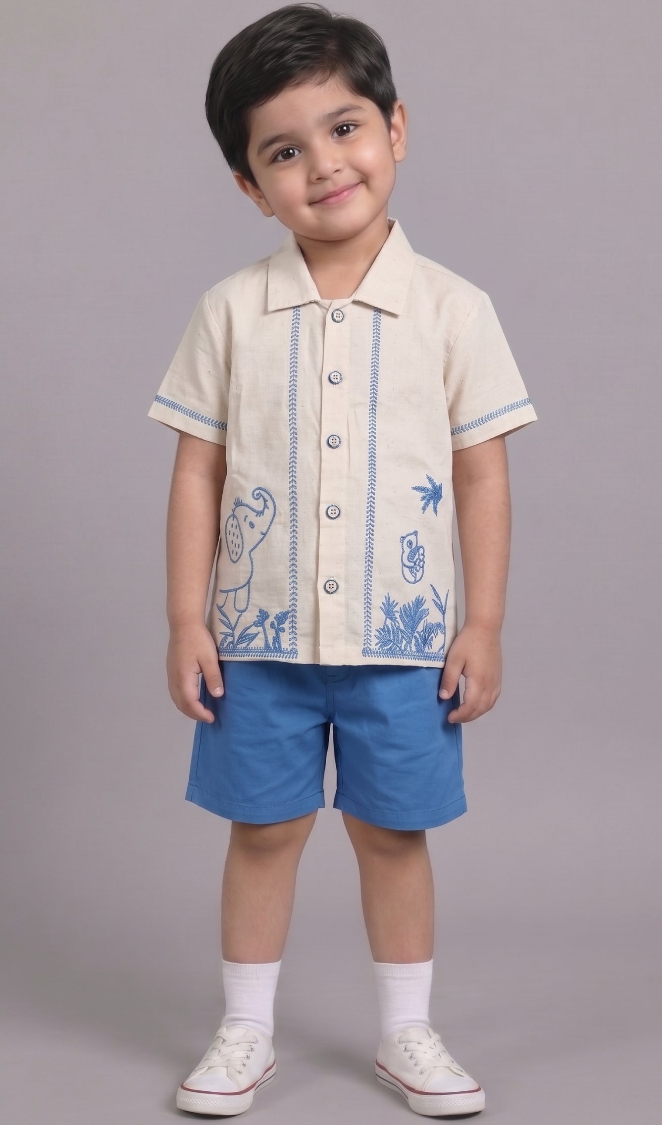 Mars Infiniti Boys Embroided Half Sleeves Shirt and Half Pant Set|Summerwear|Beige, Blue|Linen