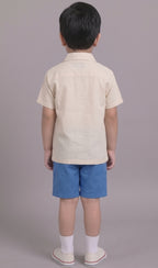 Mars Infiniti Boys Embroided Half Sleeves Shirt and Half Pant Set|Summerwear|Beige, Blue|Linen
