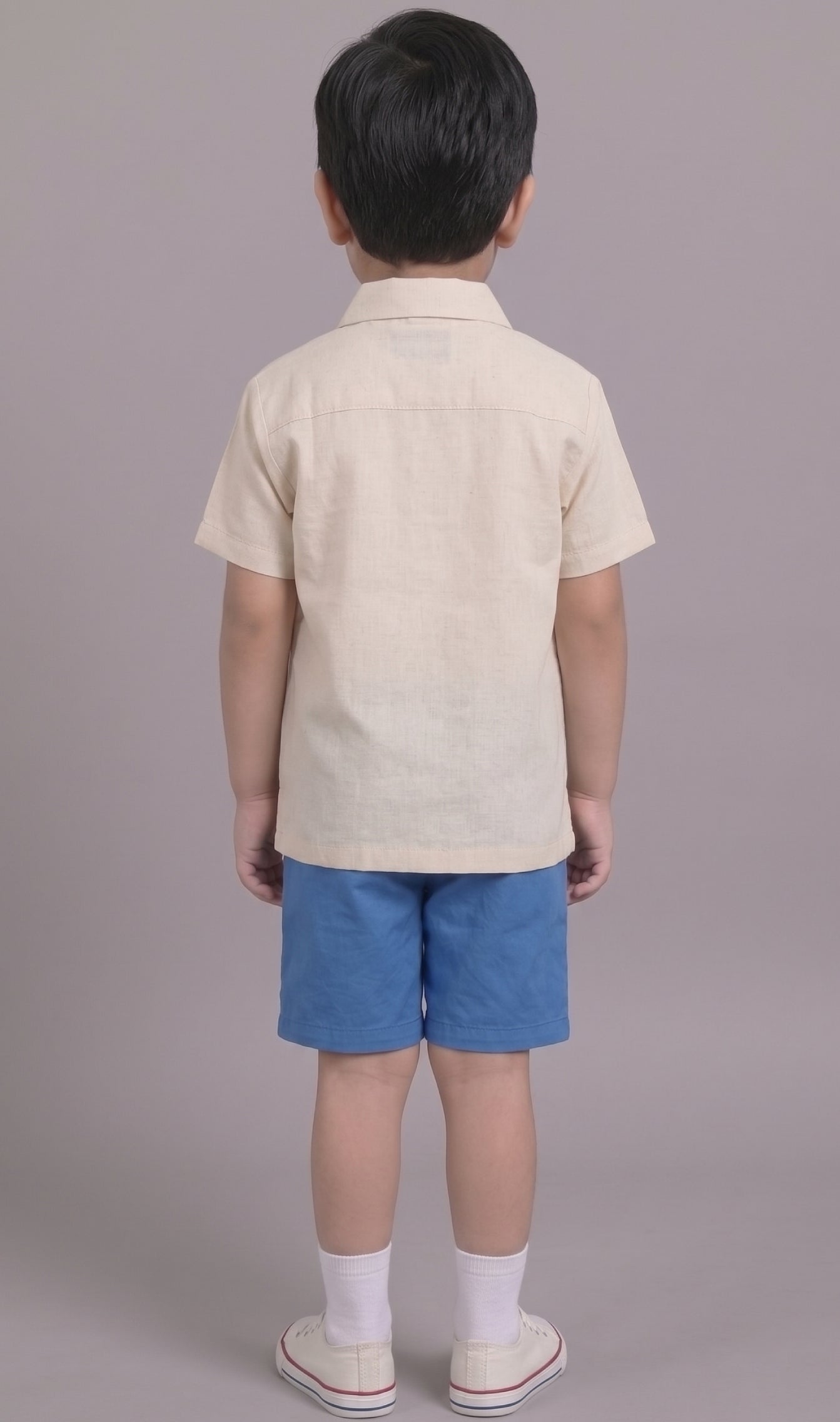 Mars Infiniti Boys Embroided Half Sleeves Shirt and Half Pant Set|Summerwear|Beige, Blue|Linen