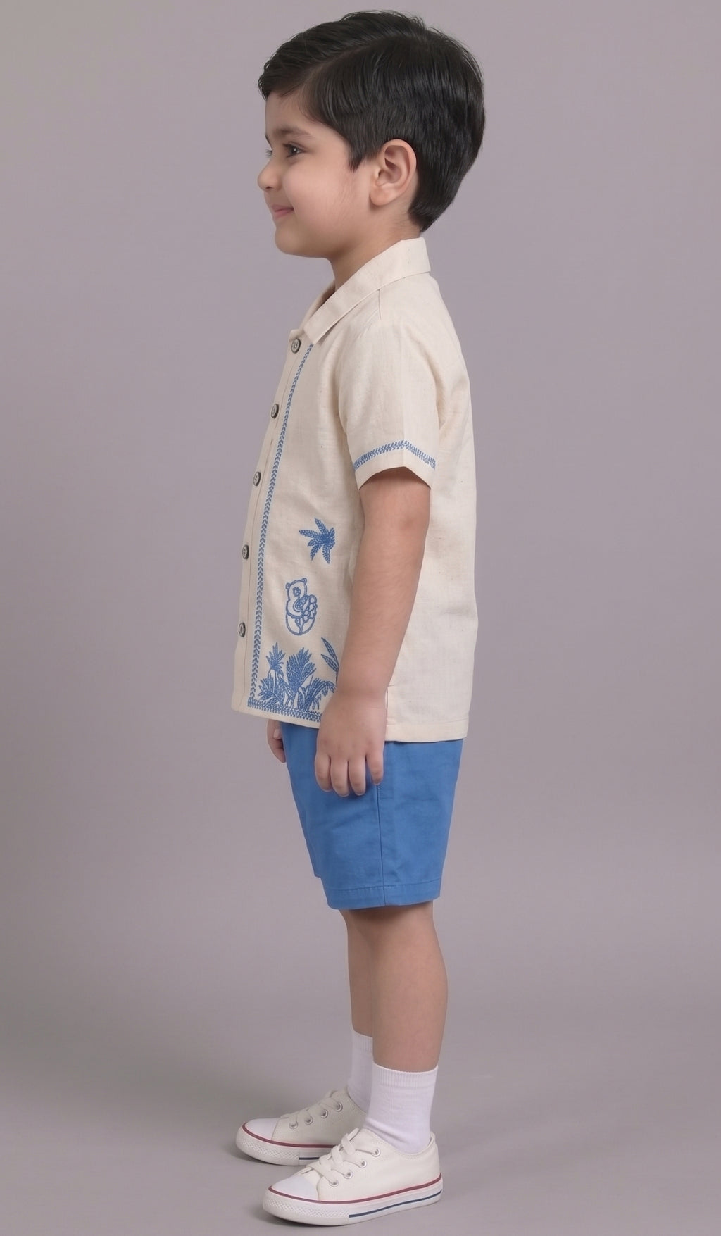 Mars Infiniti Boys Embroided Half Sleeves Shirt and Half Pant Set|Summerwear|Beige, Blue|Linen