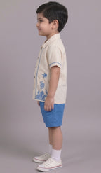 Mars Infiniti Boys Embroided Half Sleeves Shirt and Half Pant Set|Summerwear|Beige, Blue|Linen