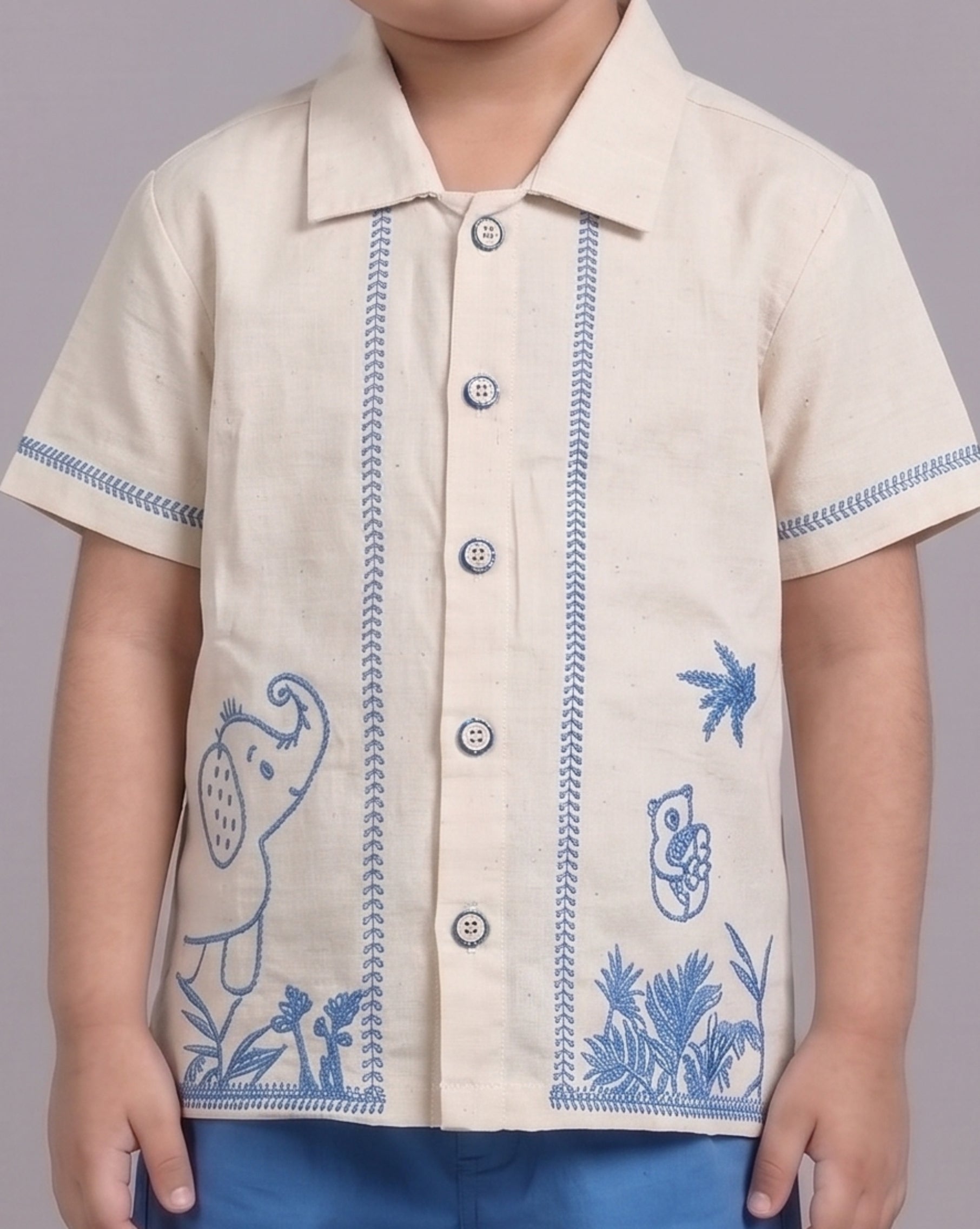 Mars Infiniti Boys Embroided Half Sleeves Shirt and Half Pant Set|Summerwear|Beige, Blue|Linen