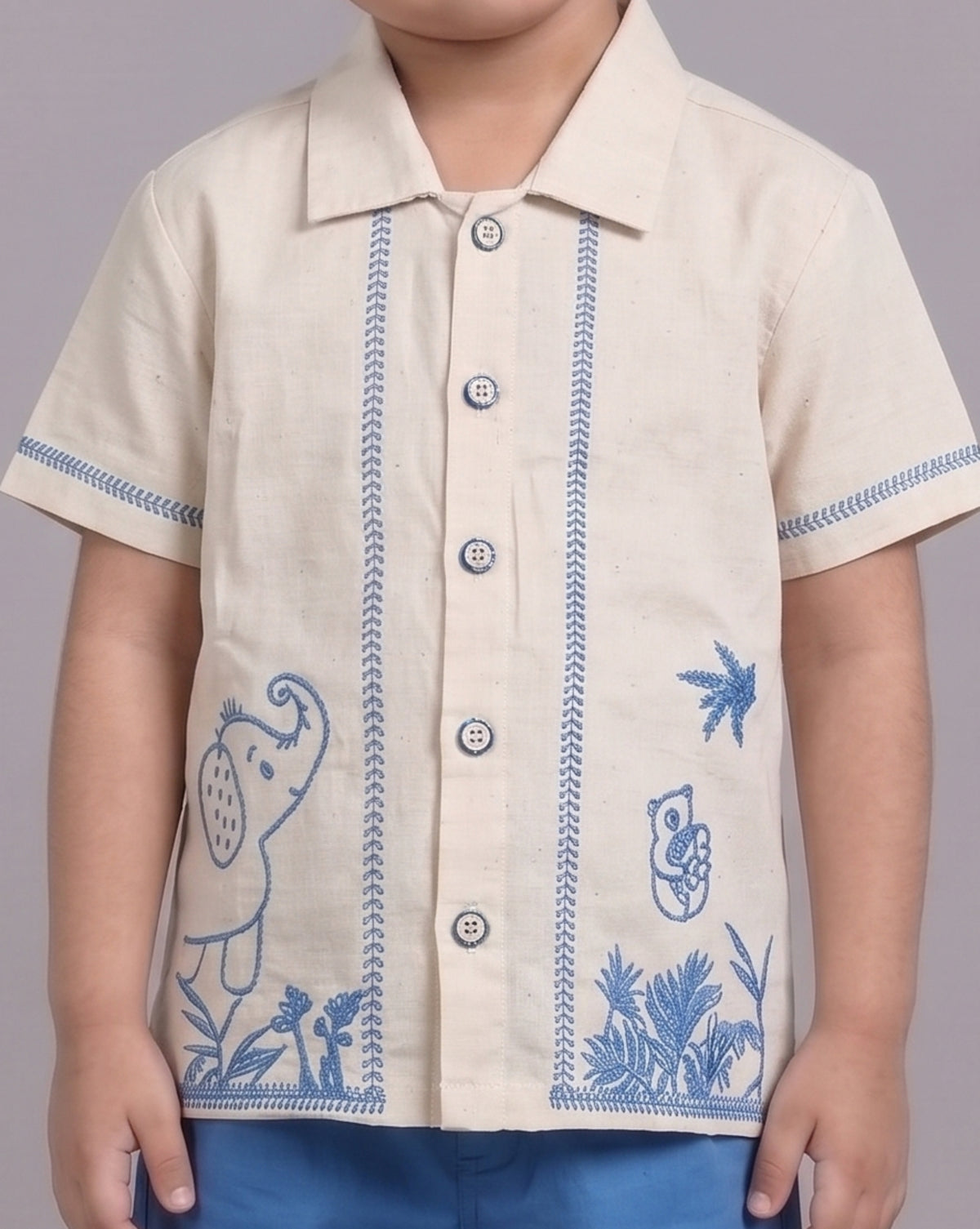 Mars Infiniti Boys Embroided Half Sleeves Shirt and Half Pant Set (Beige,Blue)
