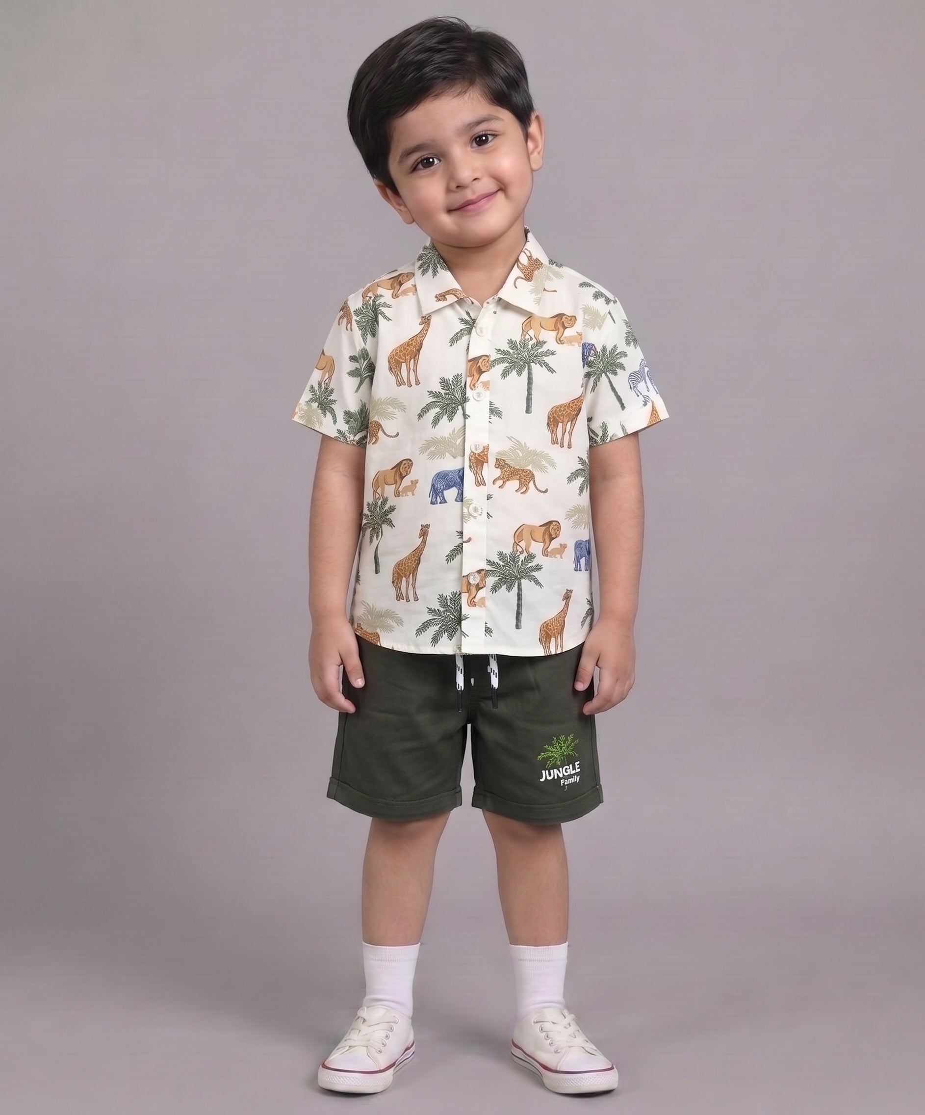 Mars Infiniti Boys All Over Printed Half Sleeves Shirt and Half Pant Set|Summerwear|Green, White|Pure Cotton