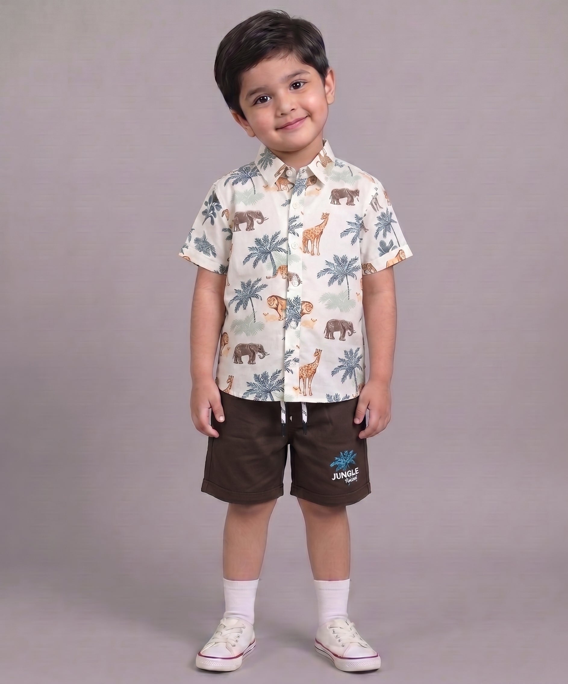 Mars Infiniti Boys All Over Printed Half Sleeves Shirt and Half Pant Set|Summerwear|Brown, White|Pure Cotton