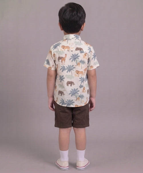 Mars Infiniti Boys All Over Printed Half Sleeves Shirt and Half Pant Set(Brown, White)