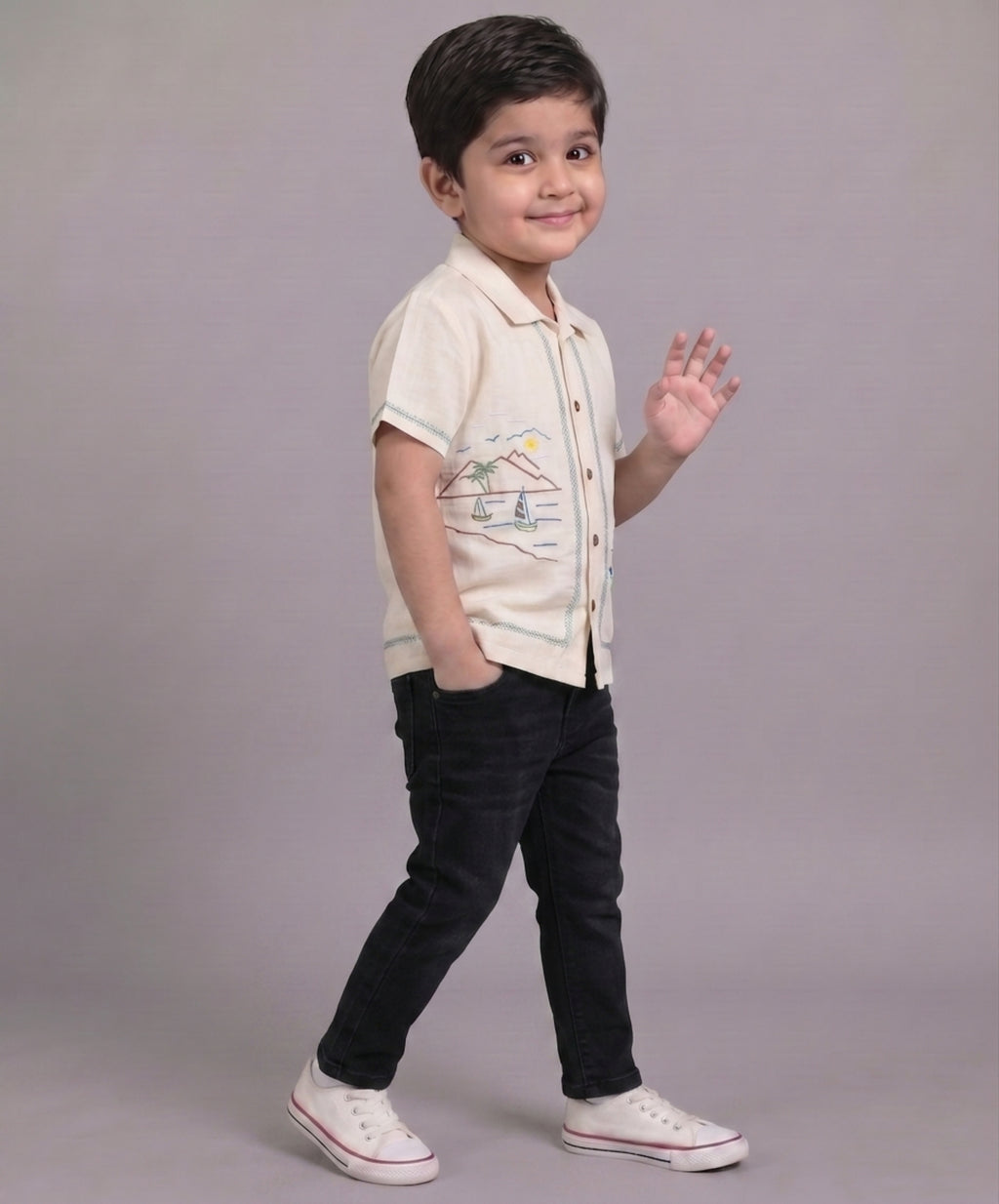 Mars Infiniti Boys All Over Printed Half Sleeves Shirt|Summerwear|Beige|Pure Cotton|Spread Collar