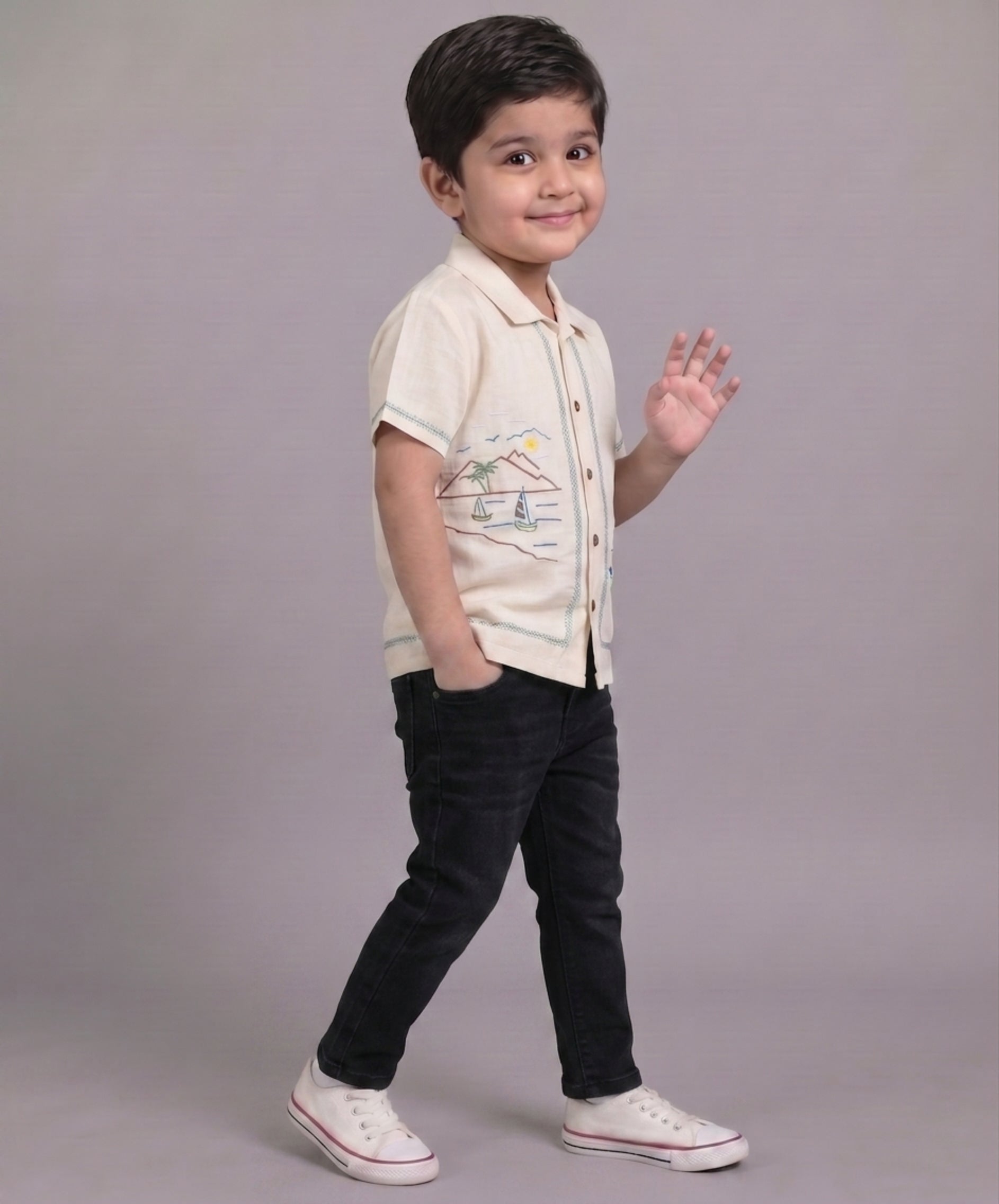 Mars Infiniti Boys All Over Printed Half Sleeves Shirt|Summerwear|Beige|Pure Cotton|Spread Collar