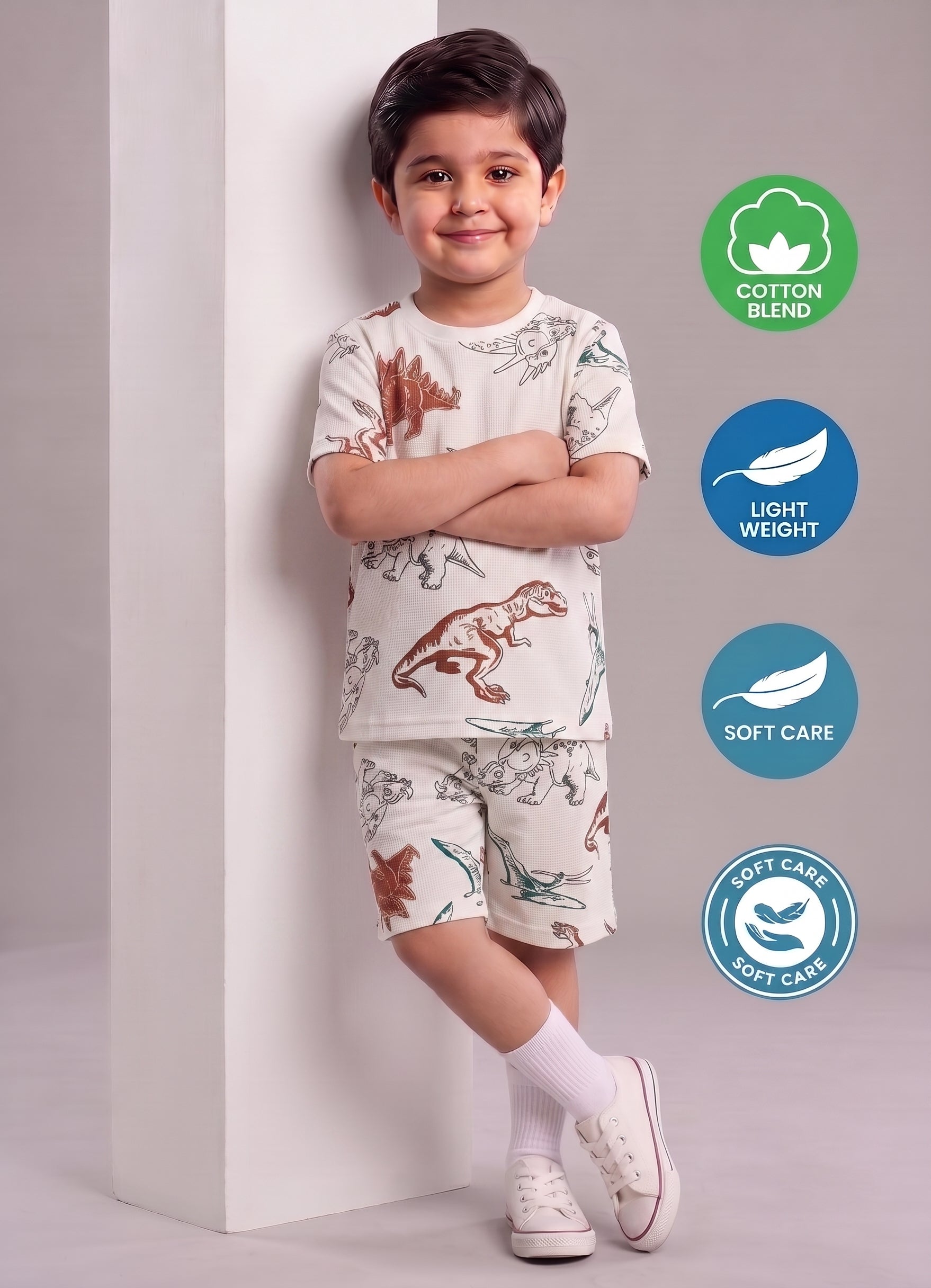 Mars Infiniti Boys All Over Print T-shirt Pant (Cream, Pack of 1)
