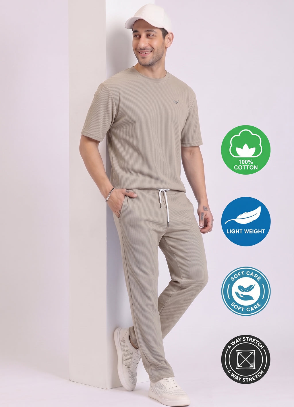 Mars Infiniti Pure Cotton Night Suit Set For Mens' (Beige)