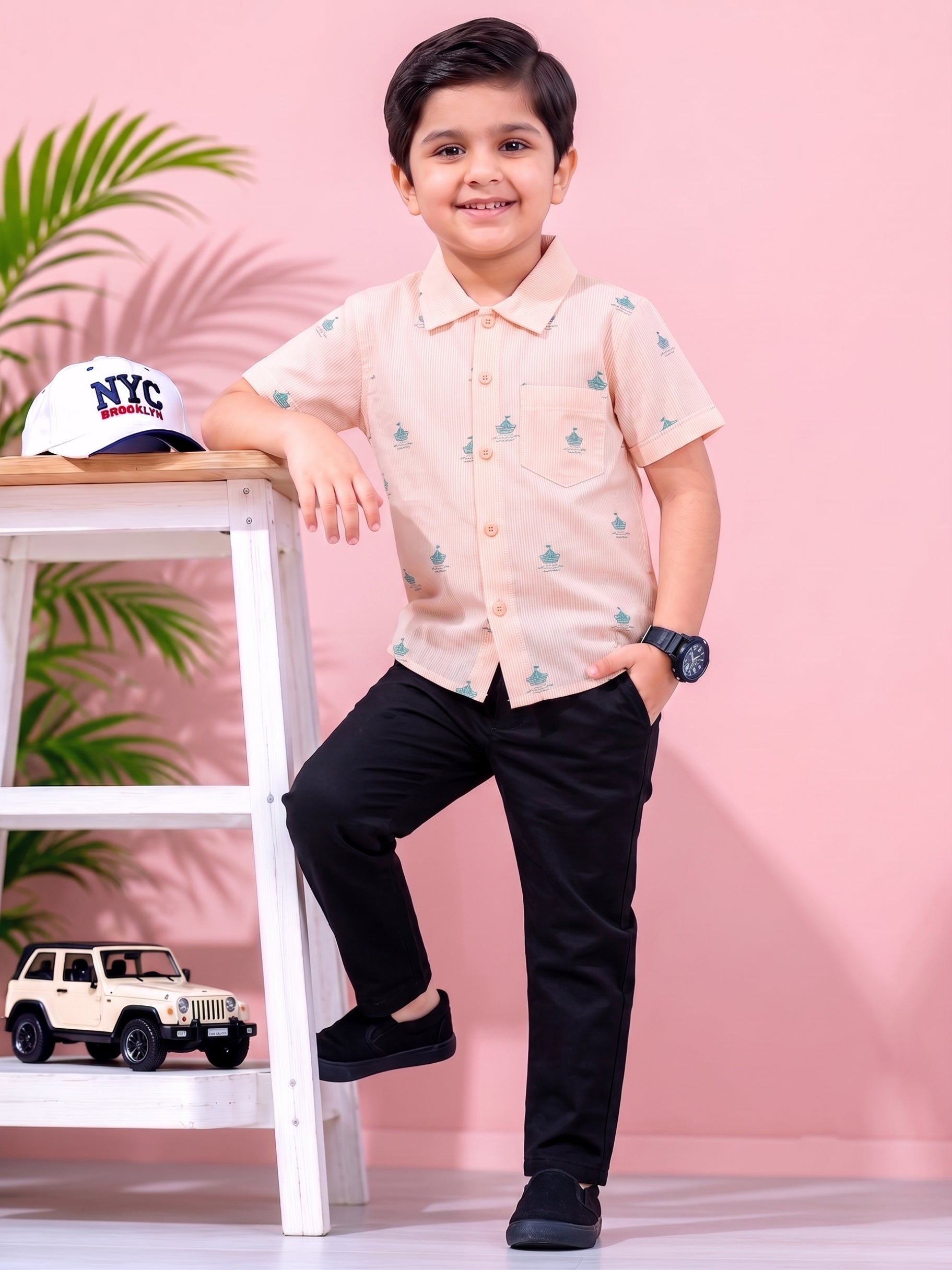 Mars Infiniti Boys All Over Printed Half Sleeves Shirt(Peach)
