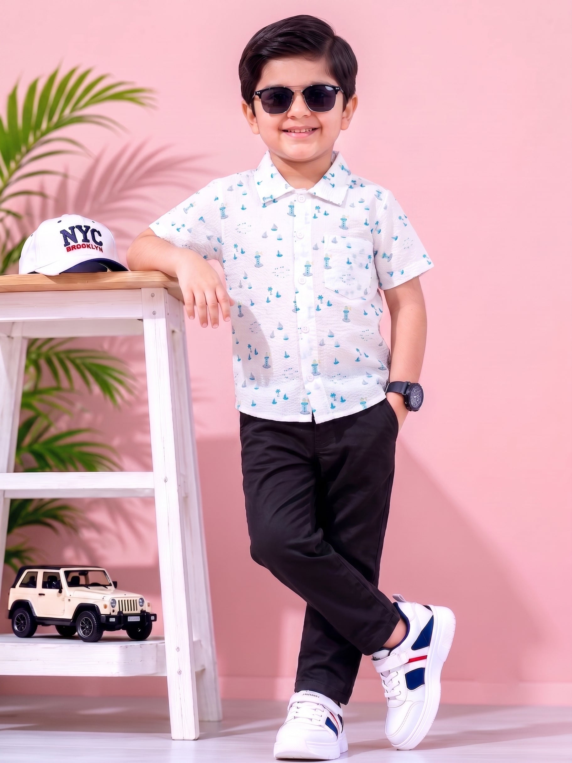 Mars Infiniti Boys All Over Printed Half Sleeves Shirt(White)