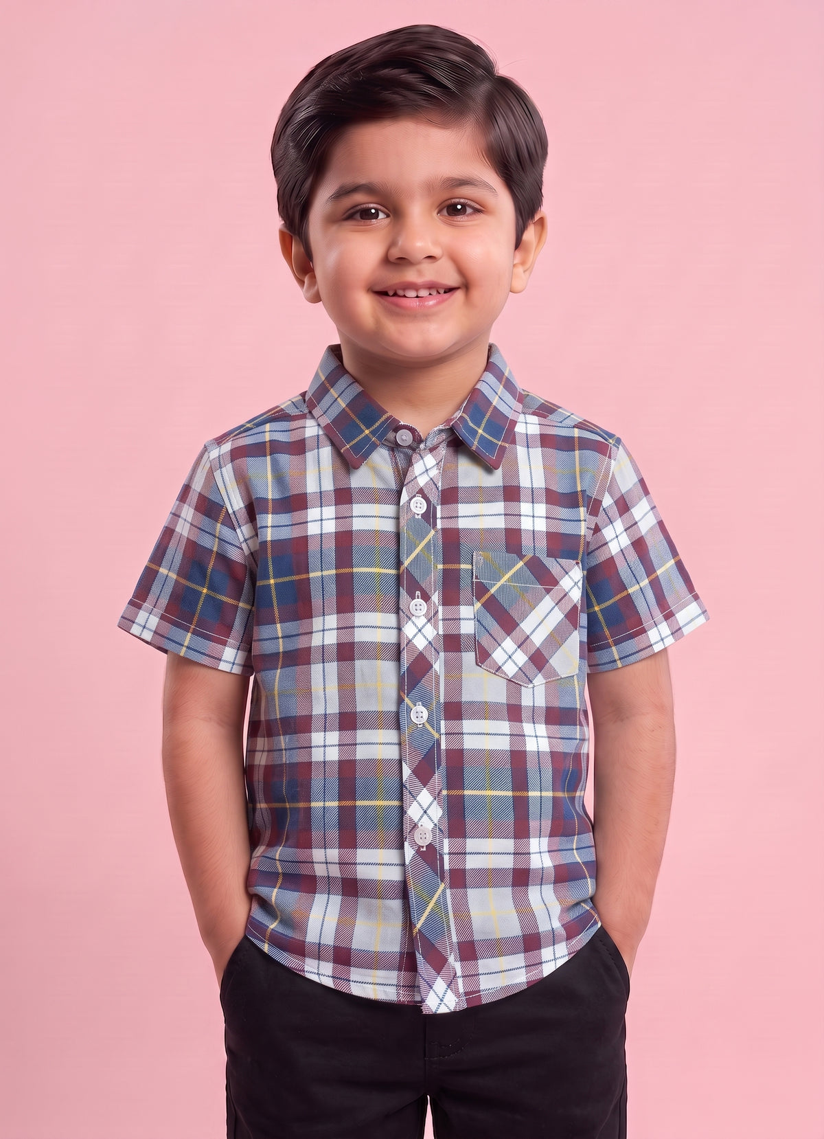 Mars Infiniti Boys Check Stripes Printed Half Sleeves Shirt(Maroon Check)