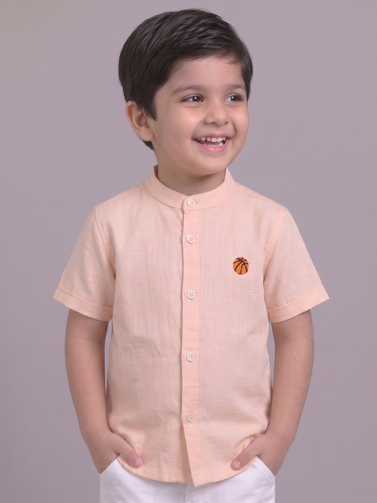 Mars Infiniti Boys All Over Printed Half Sleeves Mandarin Collar Shirt(Peach)