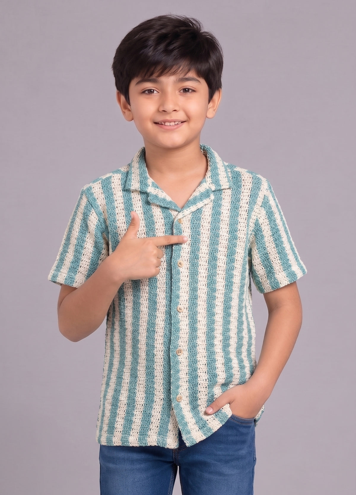 Mars Infiniti Boys Vertical Print Half Sleeves Crochet Shirt(green, cream)