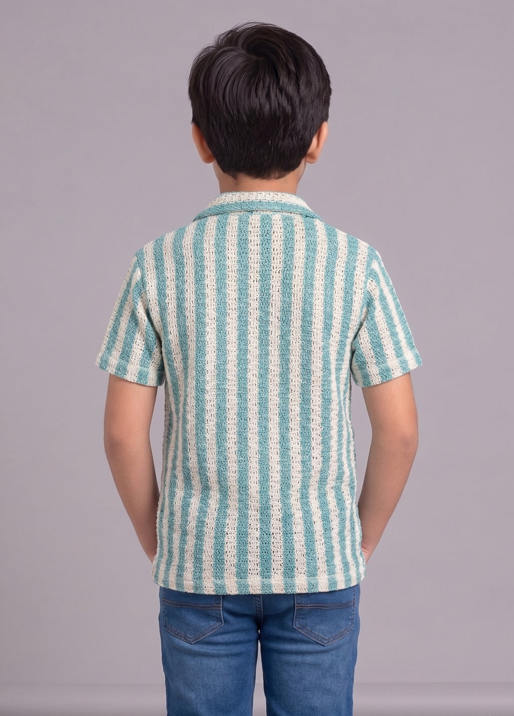 Mars Infiniti Boys Vertical Print Half Sleeves Crochet Shirt(green, cream)