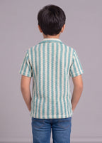 Mars Infiniti Boys Vertical Print Half Sleeves Crochet Shirt(green, cream)