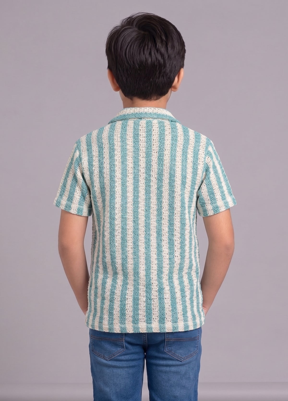 Mars Infiniti Boys Vertical Print Half Sleeves Crochet Shirt(green, cream)