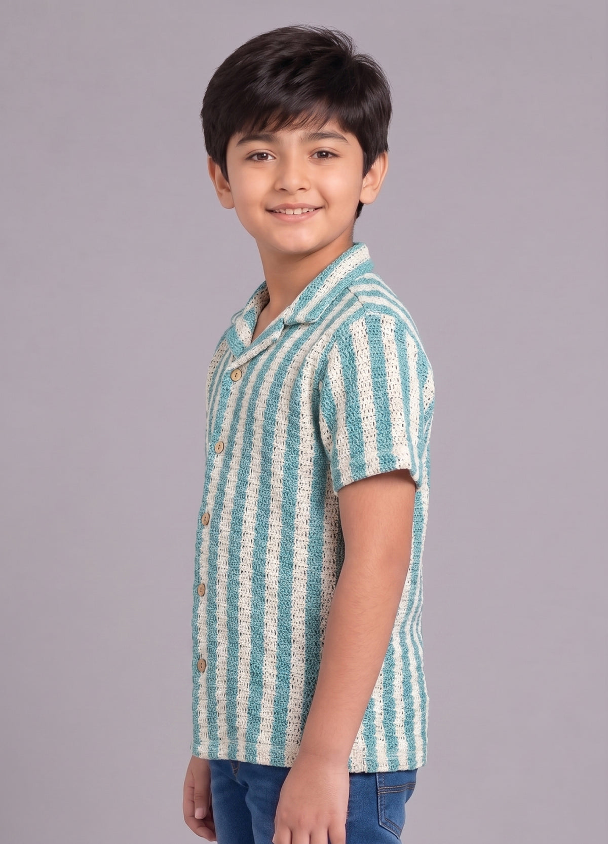 Mars Infiniti Boys Vertical Print Half Sleeves Crochet Shirt(green, cream)