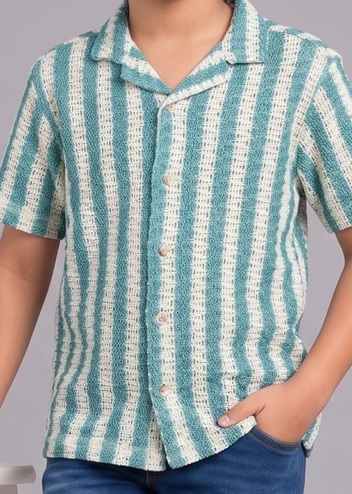 Mars Infiniti Boys Vertical Print Half Sleeves Crochet Shirt(green, cream)