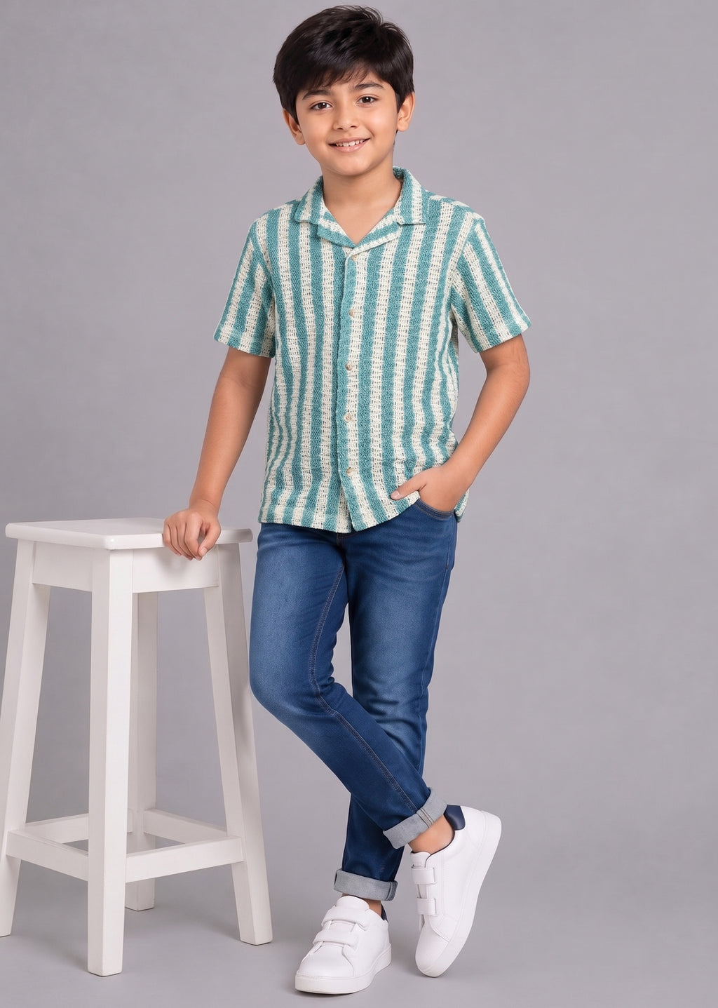 Mars Infiniti Boys Vertical Print Half Sleeves Crochet Shirt(green, cream)