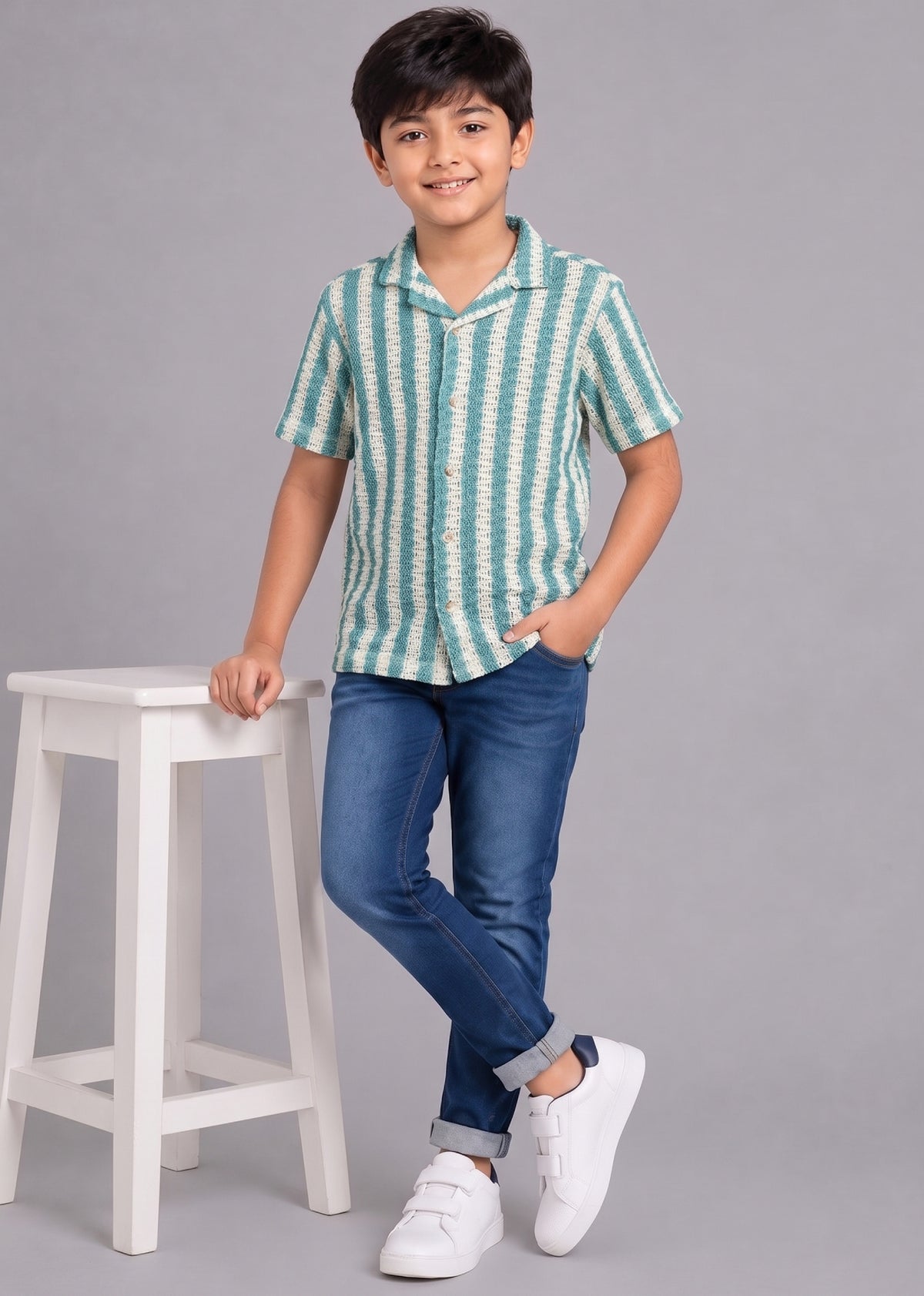 Mars Infiniti Boys Vertical Print Half Sleeves Crochet Shirt(green, cream)