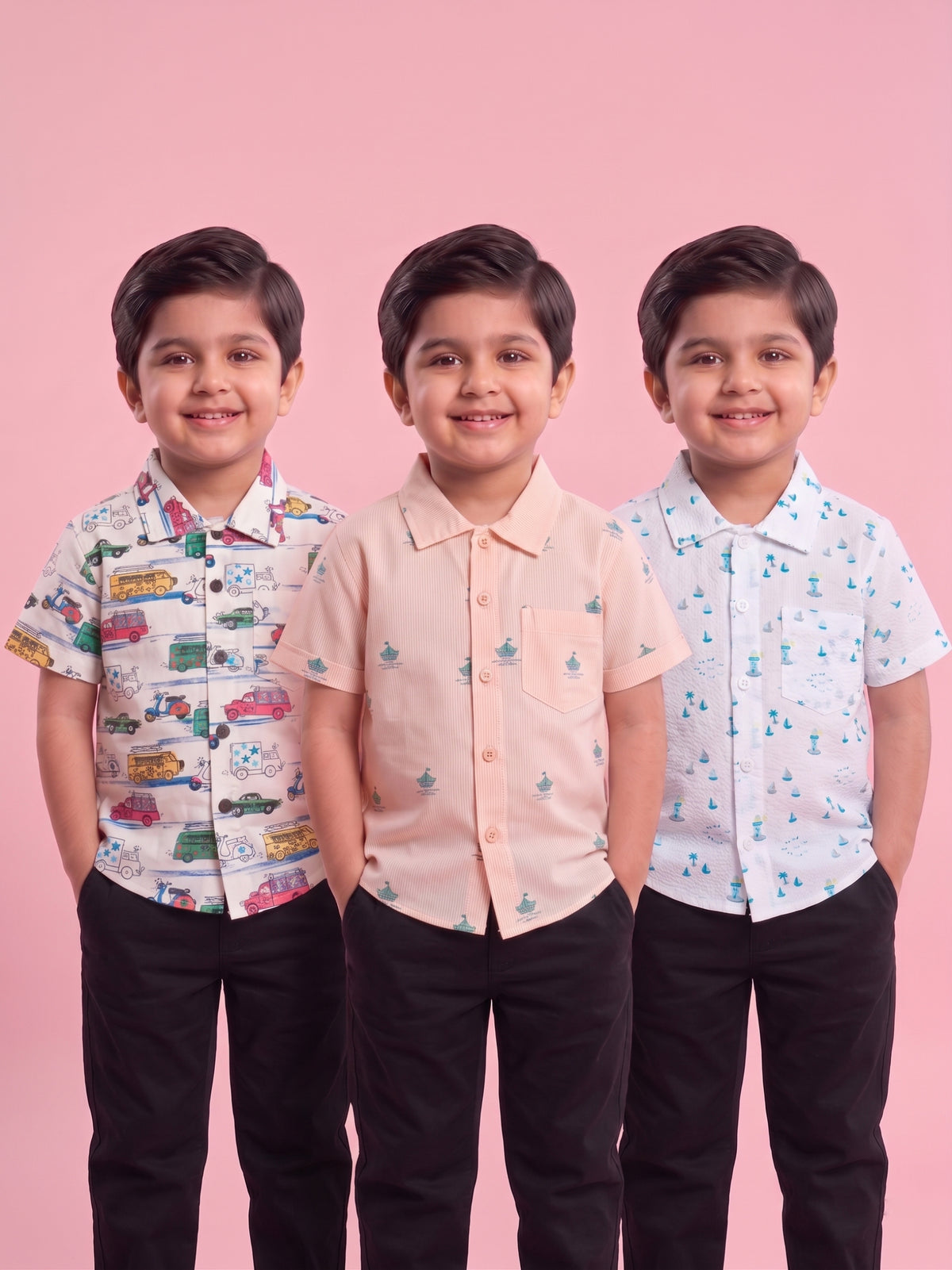 Mars Infiniti Boys All Over Printed Half Sleeves Shirt (Pack Of 3) Cream, Peach, White