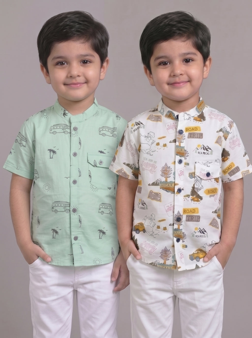 Mars Infiniti Boys All Over Printed Mandarin Collar Half Sleeves Shirt (Combo Set Pack of 2)