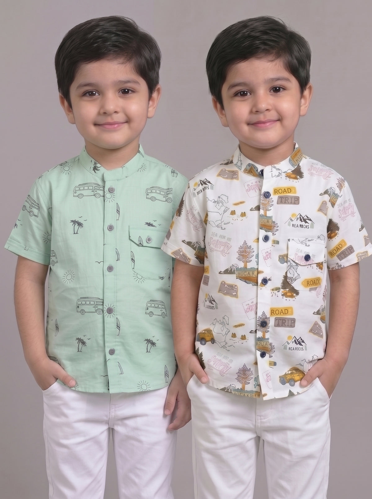 Mars Infiniti Boys All Over Printed Mandarin Collar Half Sleeves Shirt (Combo Set Pack of 2)