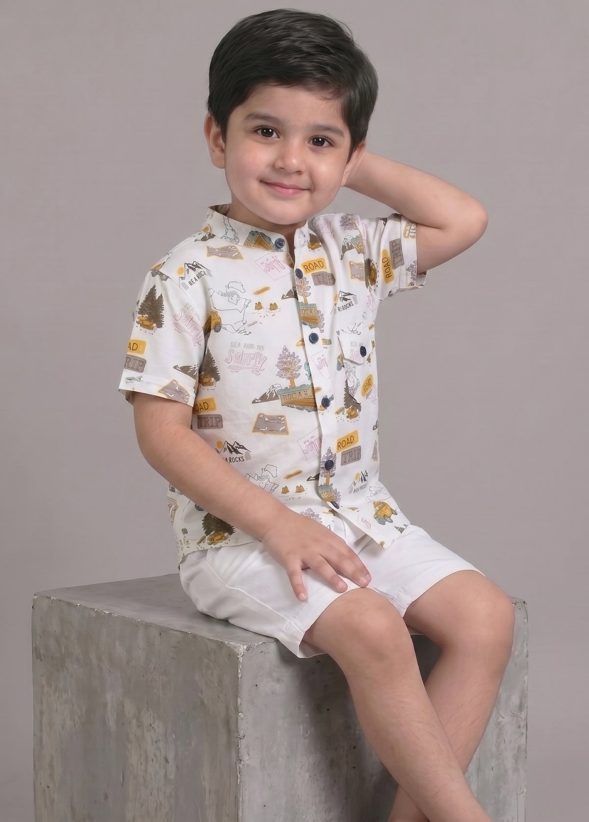 Mars Infiniti Boys All Over Printed Mandarin Collar Half Sleeves Shirt (Combo Set Pack of 2)