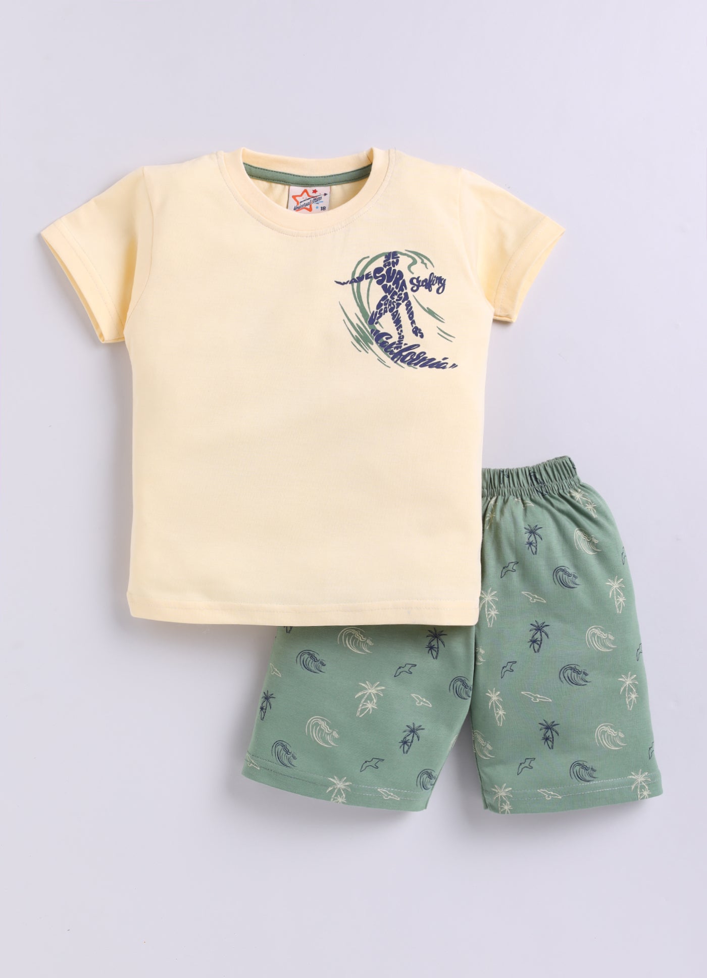 Mars Infiniti Pure Cotton Back Printed Half Sleeves T-Shirt and Half Pant Set for Boys Kids|Pack of 2|yellow, light green