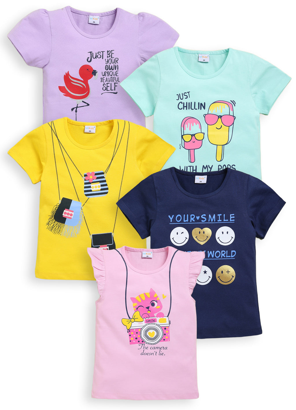 Mars Infiniti Girls Printed Pure Cotton Regular T Shirt (Multicolor, Pack of 5)