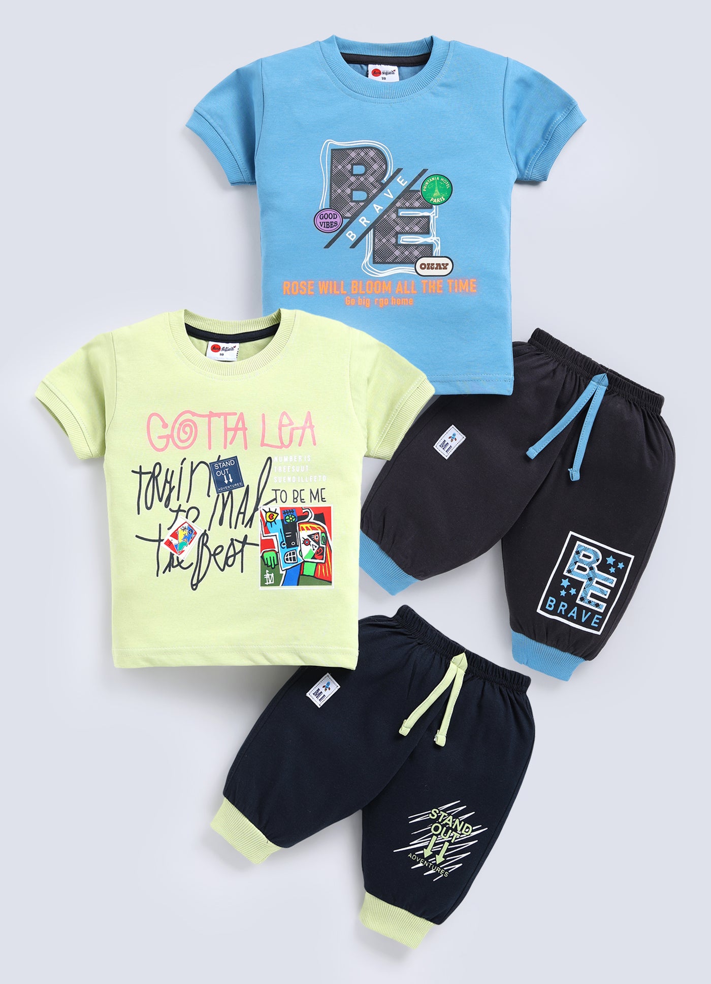 Mars Infiniti Boys & Girls Casual T-shirt Three Fourth Pant (Blue, Light Yellow)